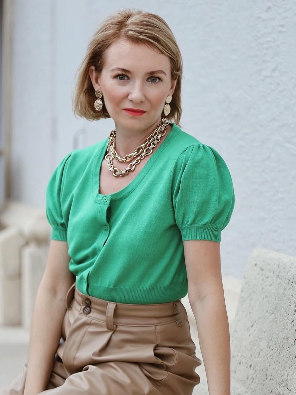 Belle Poque Apple Green Puff Sleeve Cropped Cardigan Sweater Size S